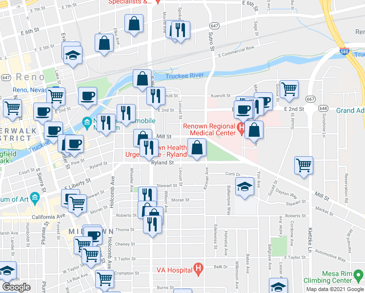 map of restaurants, bars, coffee shops, grocery stores, and more near 190 Locust Street in Reno