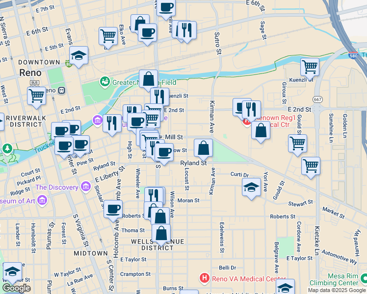 map of restaurants, bars, coffee shops, grocery stores, and more near 190 Locust Street in Reno