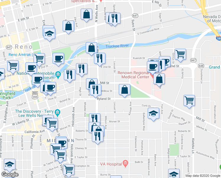map of restaurants, bars, coffee shops, grocery stores, and more near 190 Locust Street in Reno