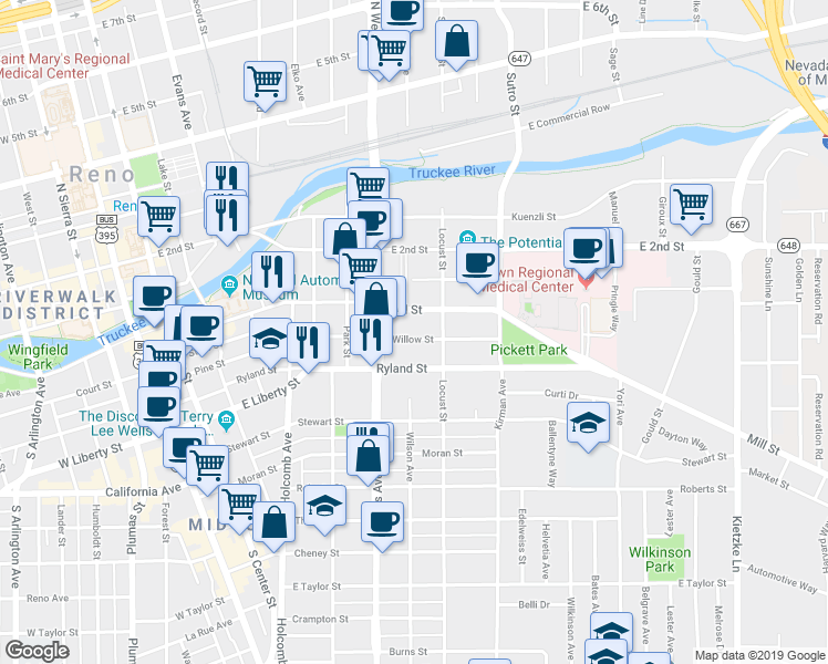 map of restaurants, bars, coffee shops, grocery stores, and more near 737 Willow Street in Reno