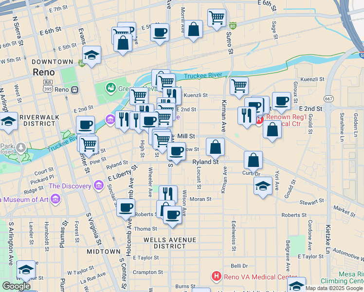 map of restaurants, bars, coffee shops, grocery stores, and more near 737 Willow Street in Reno