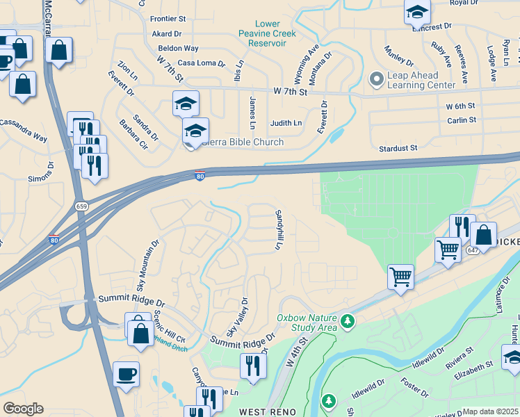 map of restaurants, bars, coffee shops, grocery stores, and more near 1401 Sandyhill Lane in Reno