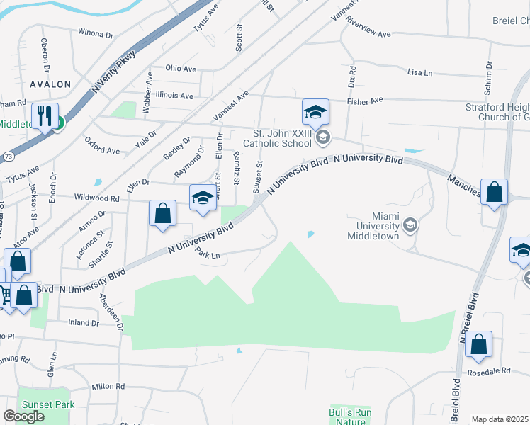 map of restaurants, bars, coffee shops, grocery stores, and more near 1116 Park Lane in Middletown