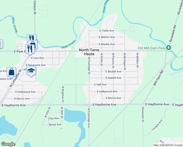 map of restaurants, bars, coffee shops, grocery stores, and more near 3701-3799 East Beulah Avenue in North Terre Haute