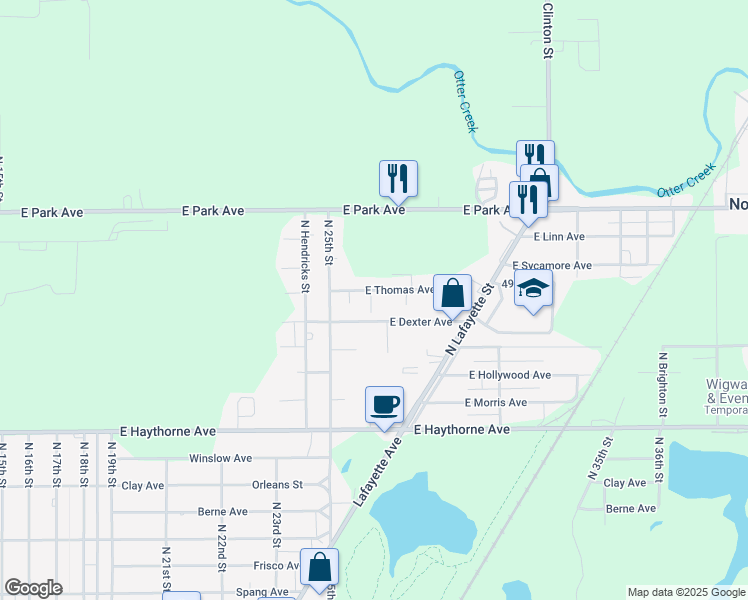 map of restaurants, bars, coffee shops, grocery stores, and more near 2535 East Thomas Avenue in Terre Haute