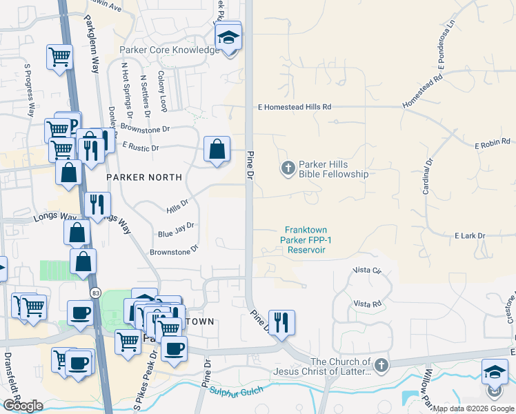 map of restaurants, bars, coffee shops, grocery stores, and more near 7054 Parker Hills Court in Parker