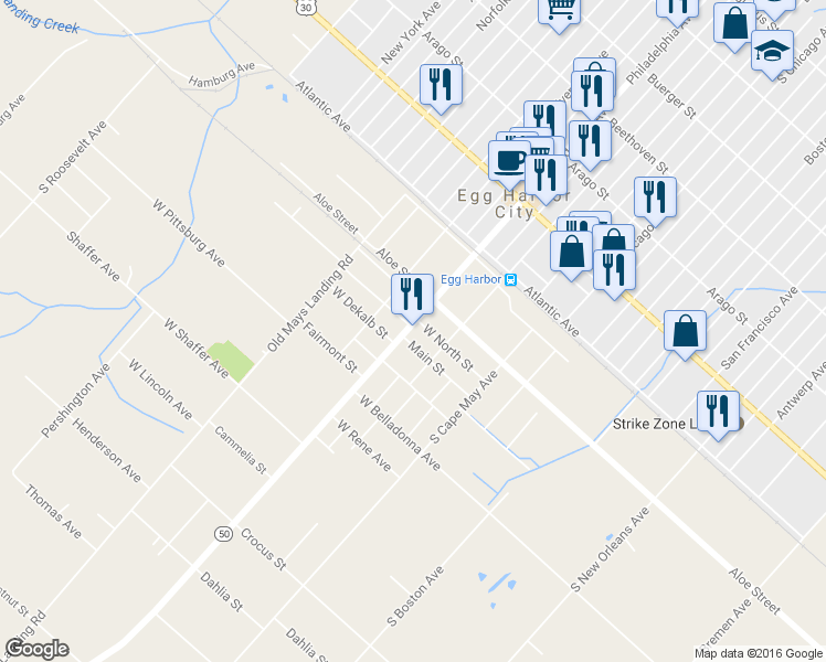 map of restaurants, bars, coffee shops, grocery stores, and more near 530 S Philadelphia Ave in Egg Harbor City