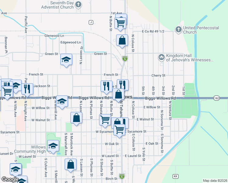 map of restaurants, bars, coffee shops, grocery stores, and more near 432 North Butte Street in Willows