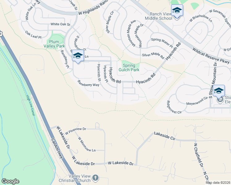 map of restaurants, bars, coffee shops, grocery stores, and more near 10578 Hyacinth Lane in Littleton