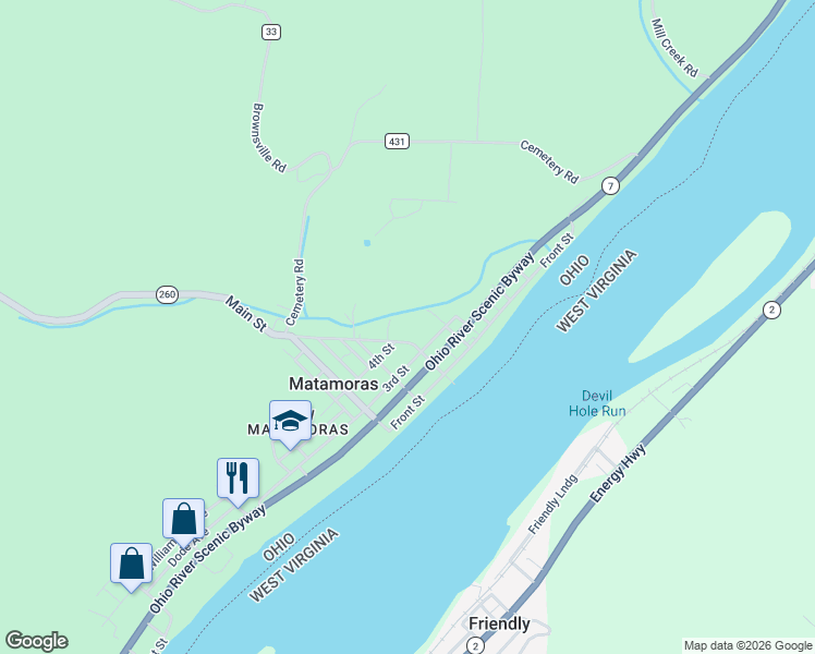 map of restaurants, bars, coffee shops, grocery stores, and more near 314 Main Street in Matamoras