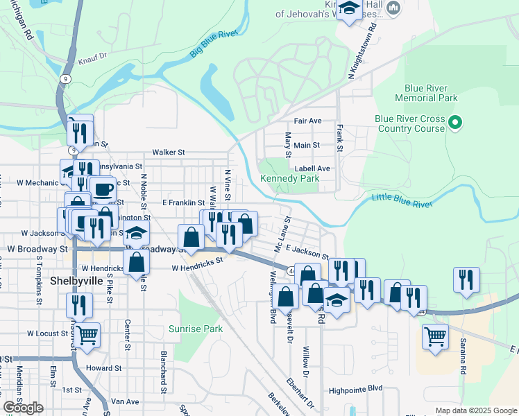 map of restaurants, bars, coffee shops, grocery stores, and more near 629 East Franklin Street in Shelbyville