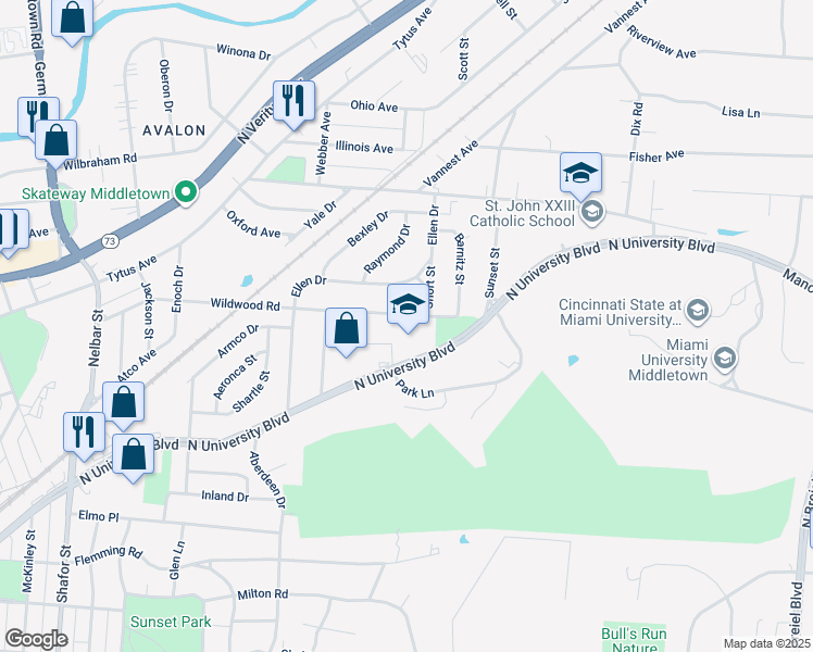 map of restaurants, bars, coffee shops, grocery stores, and more near 3300 Wildwood Road in Middletown