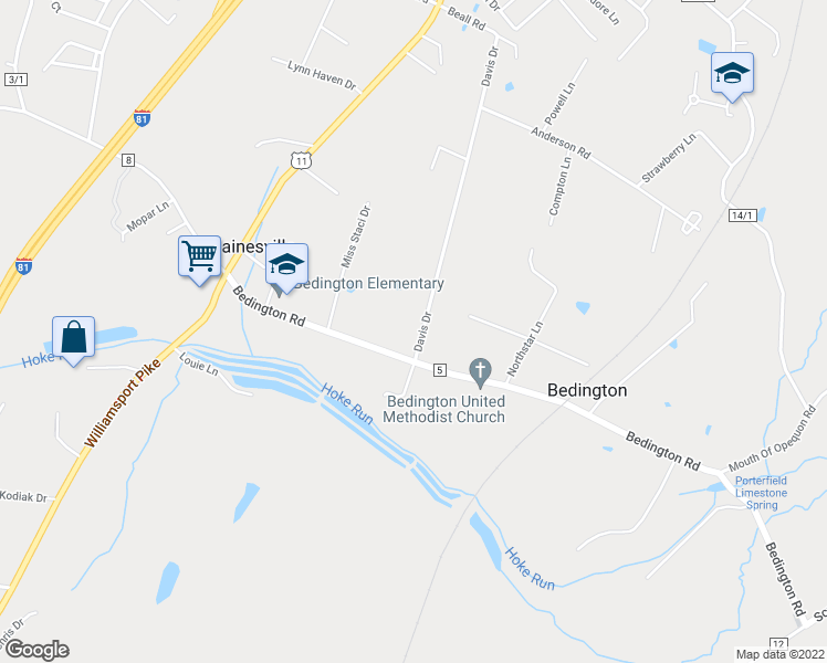 map of restaurants, bars, coffee shops, grocery stores, and more near 61 Davis Drive in Martinsburg