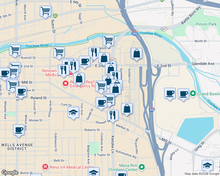map of restaurants, bars, coffee shops, grocery stores, and more near 385 Kietzke Lane in Reno