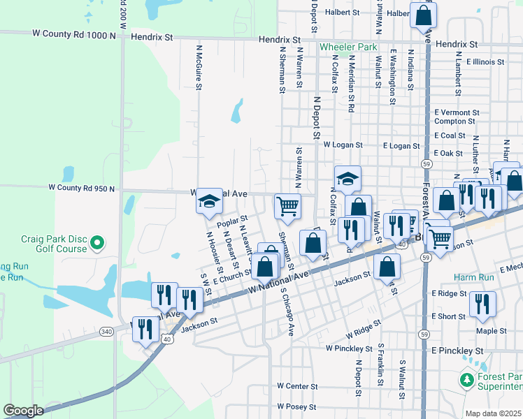 map of restaurants, bars, coffee shops, grocery stores, and more near 515 West Poplar Street in Brazil