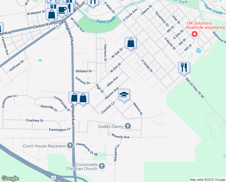 map of restaurants, bars, coffee shops, grocery stores, and more near 528 Warren Avenue in Washington Court House