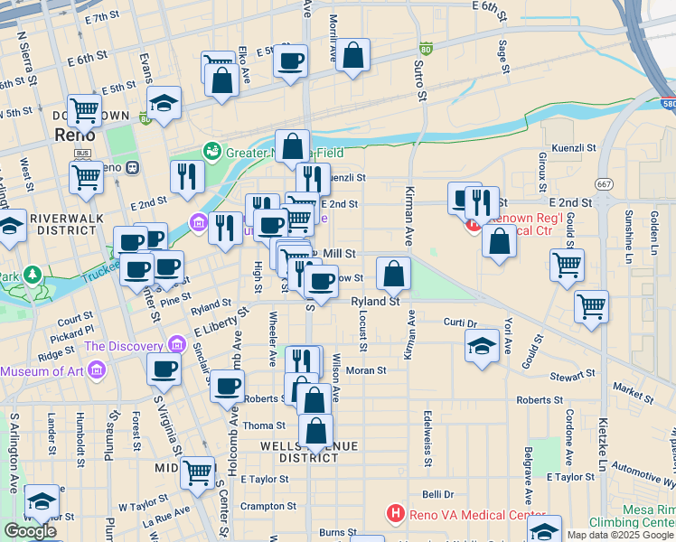map of restaurants, bars, coffee shops, grocery stores, and more near 737 Willow Street in Reno