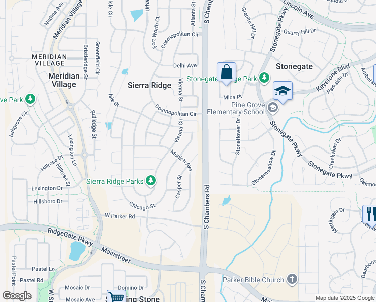 map of restaurants, bars, coffee shops, grocery stores, and more near 15098 Chicago Street in Parker