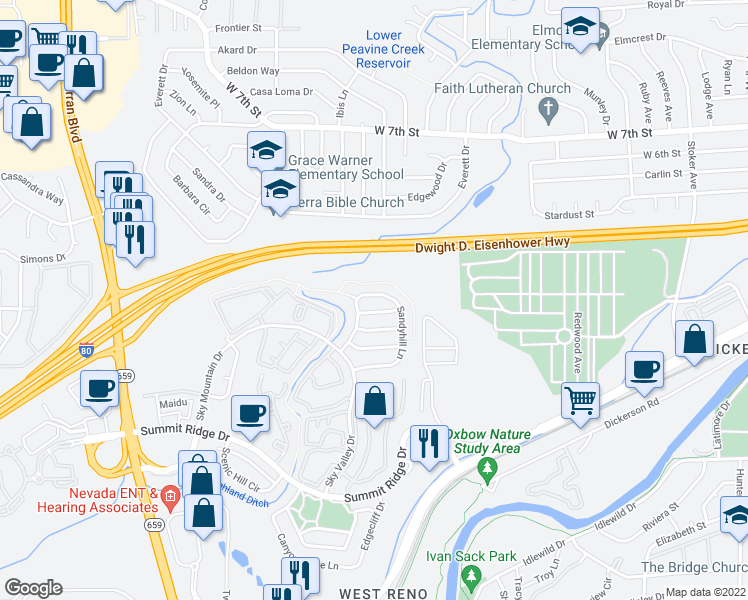 map of restaurants, bars, coffee shops, grocery stores, and more near 1401 Sandyhill Lane in Reno
