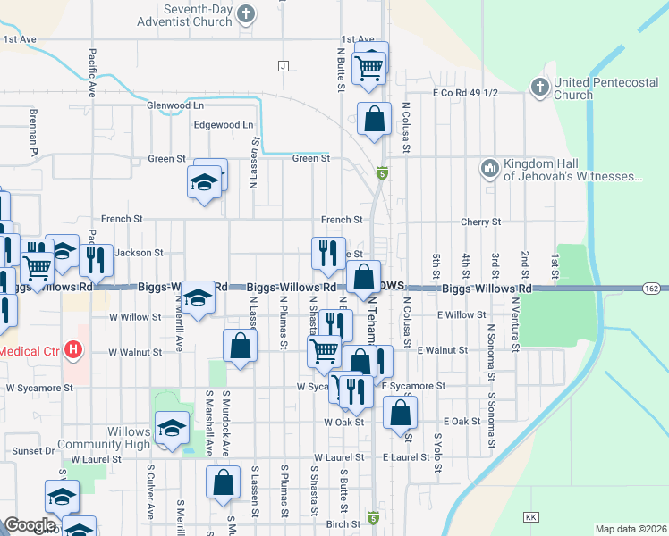 map of restaurants, bars, coffee shops, grocery stores, and more near 433 North Butte Street in Willows