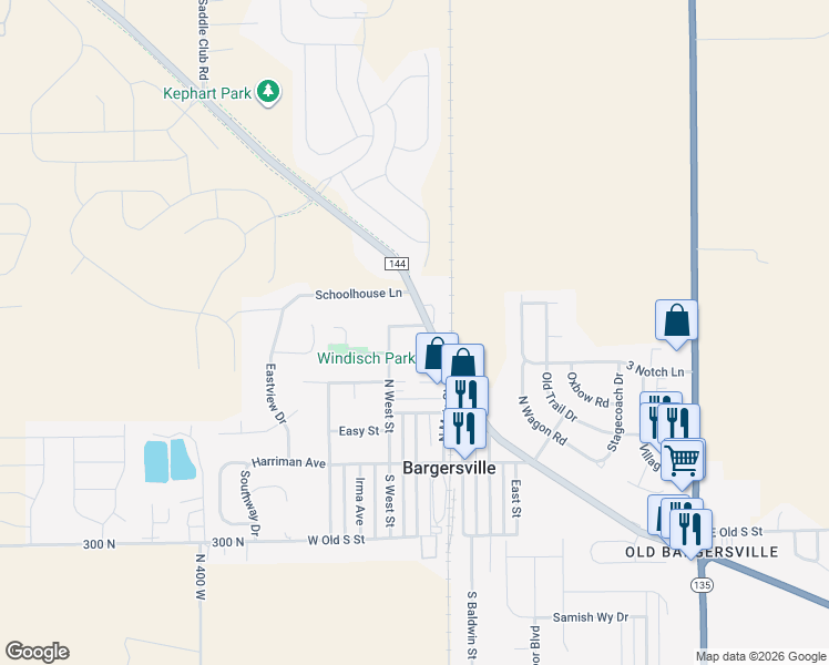 map of restaurants, bars, coffee shops, grocery stores, and more near 47 North Street in Bargersville