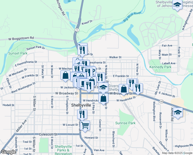 map of restaurants, bars, coffee shops, grocery stores, and more near 111 East Franklin Street in Shelbyville