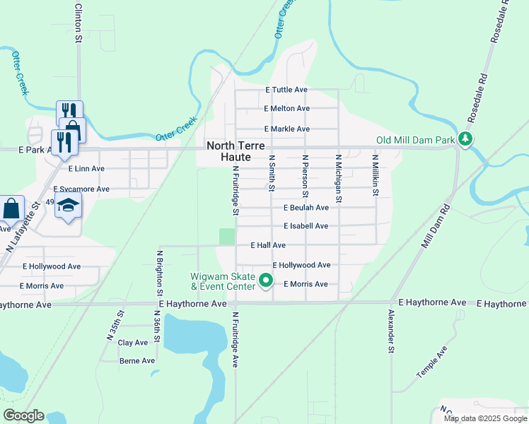 map of restaurants, bars, coffee shops, grocery stores, and more near 3825 East Beulah Avenue in Terre Haute