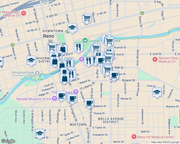 map of restaurants, bars, coffee shops, grocery stores, and more near 140 Holcomb Avenue in Reno