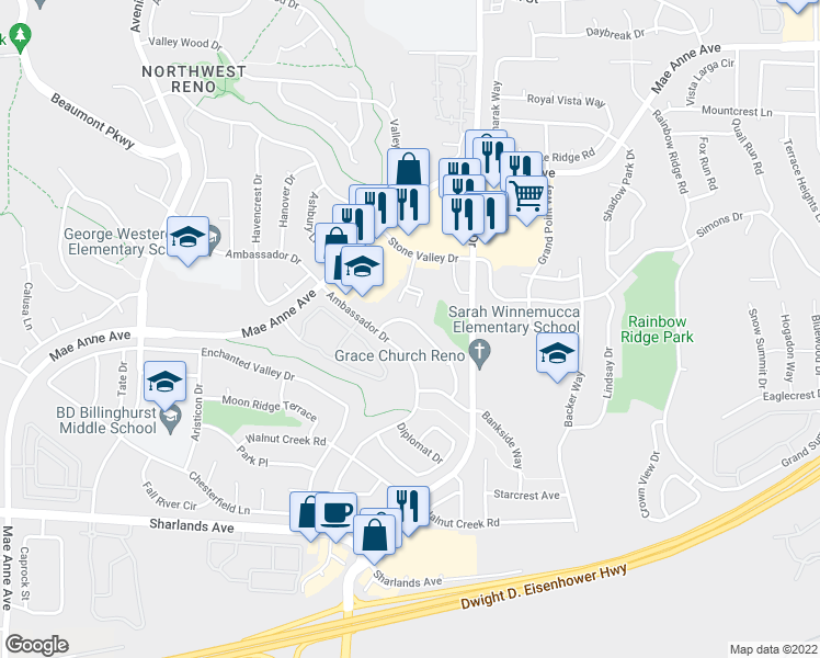 map of restaurants, bars, coffee shops, grocery stores, and more near 1405 Canyon Creek Road in Reno