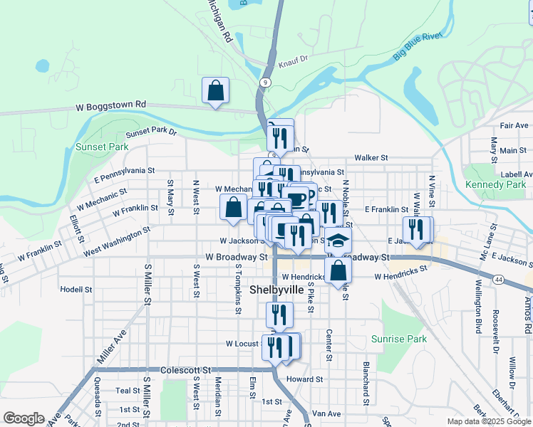 map of restaurants, bars, coffee shops, grocery stores, and more near 13 Public Square in Shelbyville