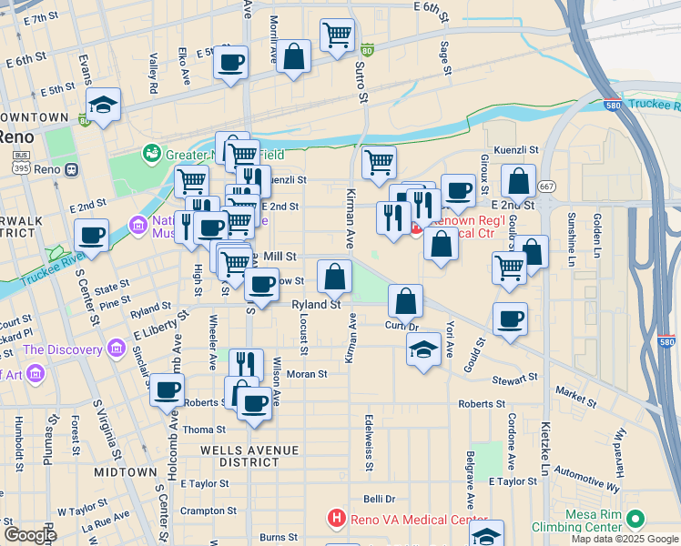 map of restaurants, bars, coffee shops, grocery stores, and more near 197 Kirman Avenue in Reno