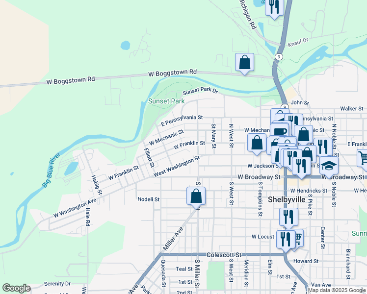 map of restaurants, bars, coffee shops, grocery stores, and more near 455 West Franklin Street in Shelbyville