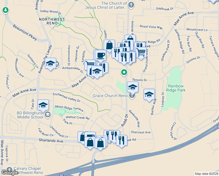 map of restaurants, bars, coffee shops, grocery stores, and more near 1405 Canyon Creek Road in Reno