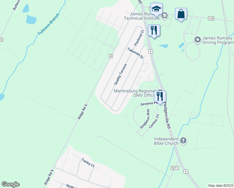map of restaurants, bars, coffee shops, grocery stores, and more near 448 Larkspur Lane in Martinsburg