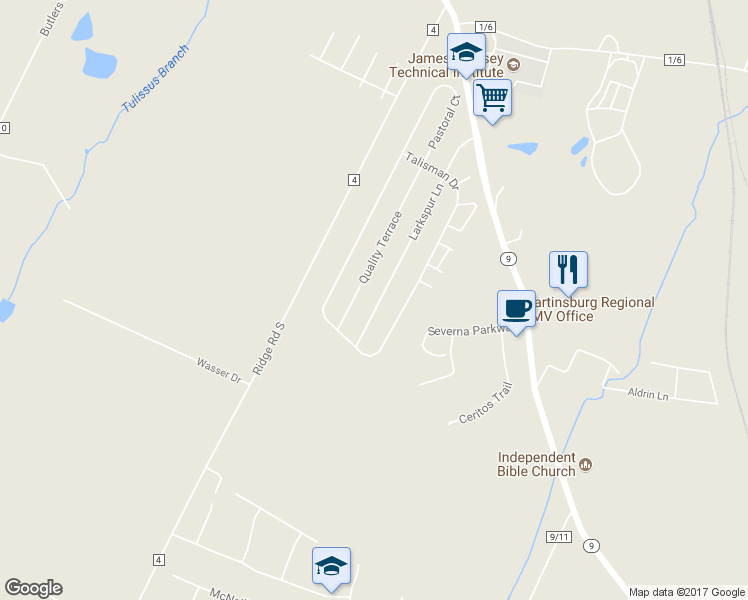 map of restaurants, bars, coffee shops, grocery stores, and more near 448 Larkspur Lane in Martinsburg