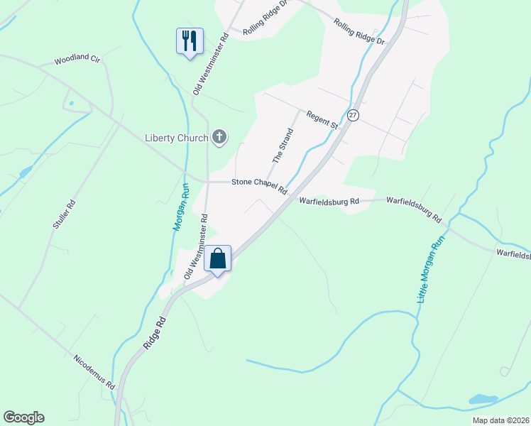 map of restaurants, bars, coffee shops, grocery stores, and more near 1802 Ridge Road in Westminster