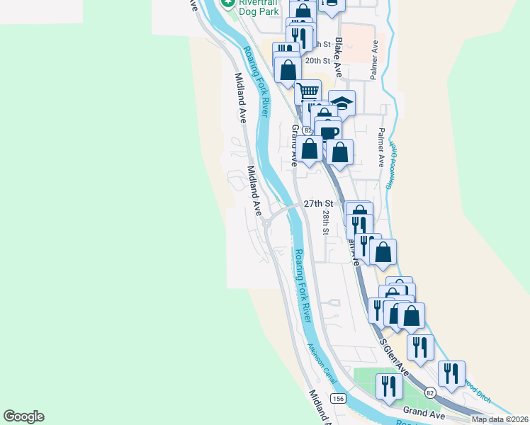 map of restaurants, bars, coffee shops, grocery stores, and more near 2664 Woodberry Drive in Glenwood Springs