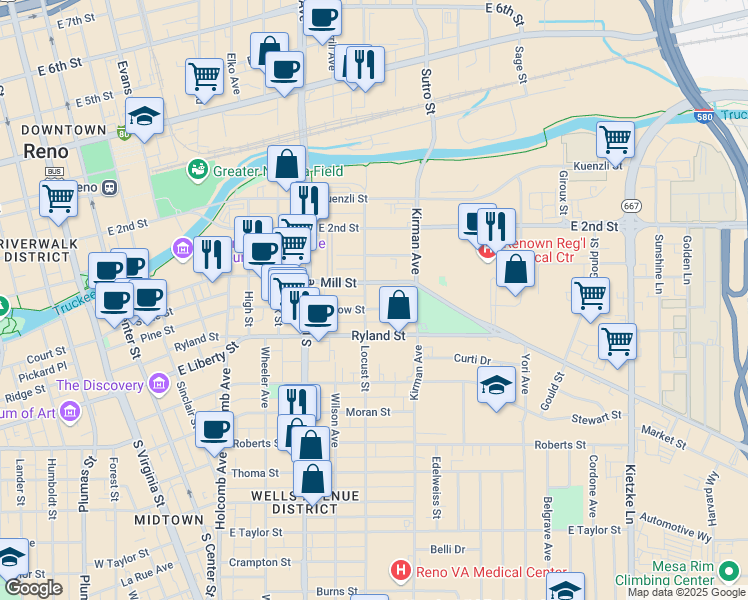 map of restaurants, bars, coffee shops, grocery stores, and more near 190 Locust Street in Reno