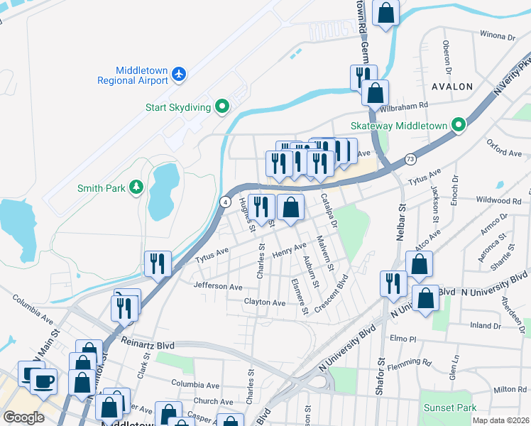 map of restaurants, bars, coffee shops, grocery stores, and more near 1020 Elwood Street in Middletown