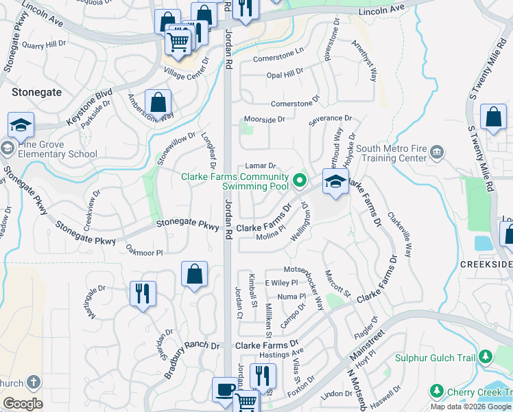 map of restaurants, bars, coffee shops, grocery stores, and more near 17202 Niwot Pl in Parker