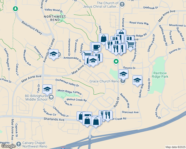 map of restaurants, bars, coffee shops, grocery stores, and more near 1496 Canyon Creek Road in Reno