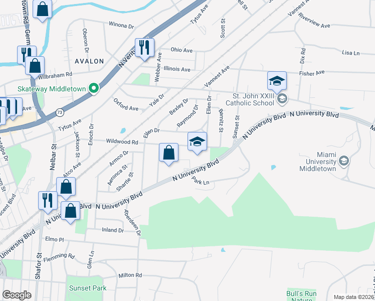 map of restaurants, bars, coffee shops, grocery stores, and more near 3210 Wildwood Road in Middletown