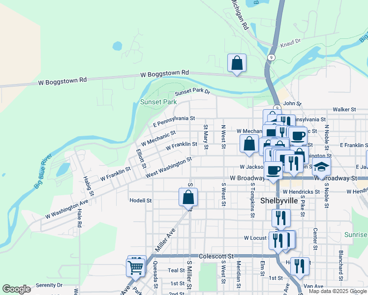 map of restaurants, bars, coffee shops, grocery stores, and more near 413 West Franklin Street in Shelbyville