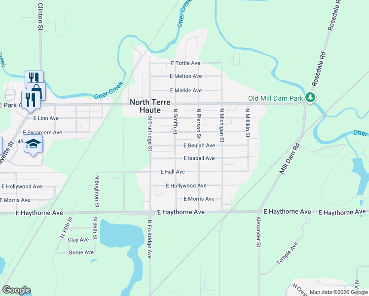 map of restaurants, bars, coffee shops, grocery stores, and more near 3901 East Beulah Avenue in North Terre Haute