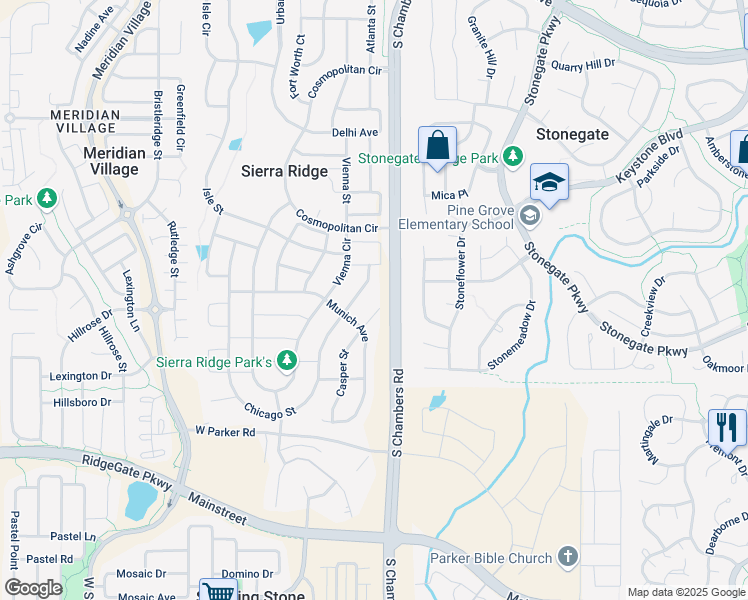 map of restaurants, bars, coffee shops, grocery stores, and more near 10541 Casper Point in Parker