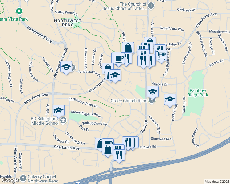 map of restaurants, bars, coffee shops, grocery stores, and more near 1496 Canyon Creek Road in Reno