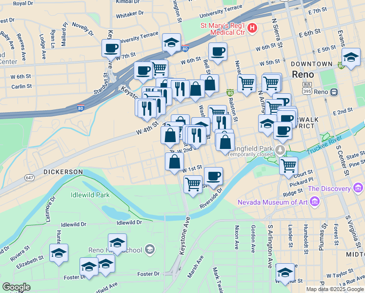 map of restaurants, bars, coffee shops, grocery stores, and more near 901 West 2nd Street in Reno