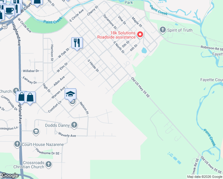map of restaurants, bars, coffee shops, grocery stores, and more near 201 Ohio Avenue West in Washington Court House