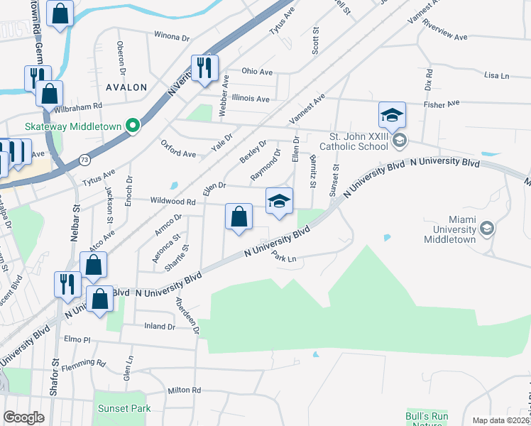 map of restaurants, bars, coffee shops, grocery stores, and more near 3210 Wildwood Road in Middletown