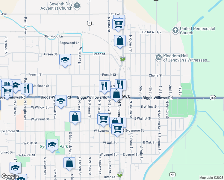 map of restaurants, bars, coffee shops, grocery stores, and more near 447 North Tehama Street in Willows